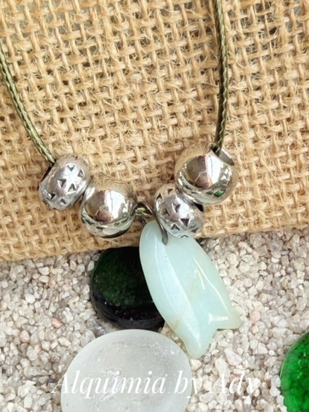 Baby blue aventurine Fish pendant silver boho cord necklace